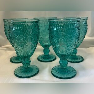 Vintage Pioneer Woman Adeline Glasses Goblets Qty 5 Blue Green Aqua Turquoise